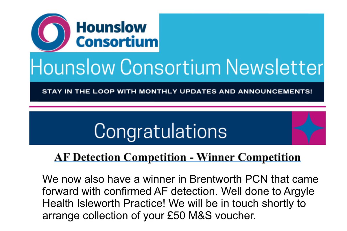 Congratulations to @edwardjbwright @bhavikj62700662 and pharmacy team at Argyle Isleworth Practice - winner in Hounslow GP Consortium AF detection competition - £50 at M&S ought to cover a nice lunch? 😉