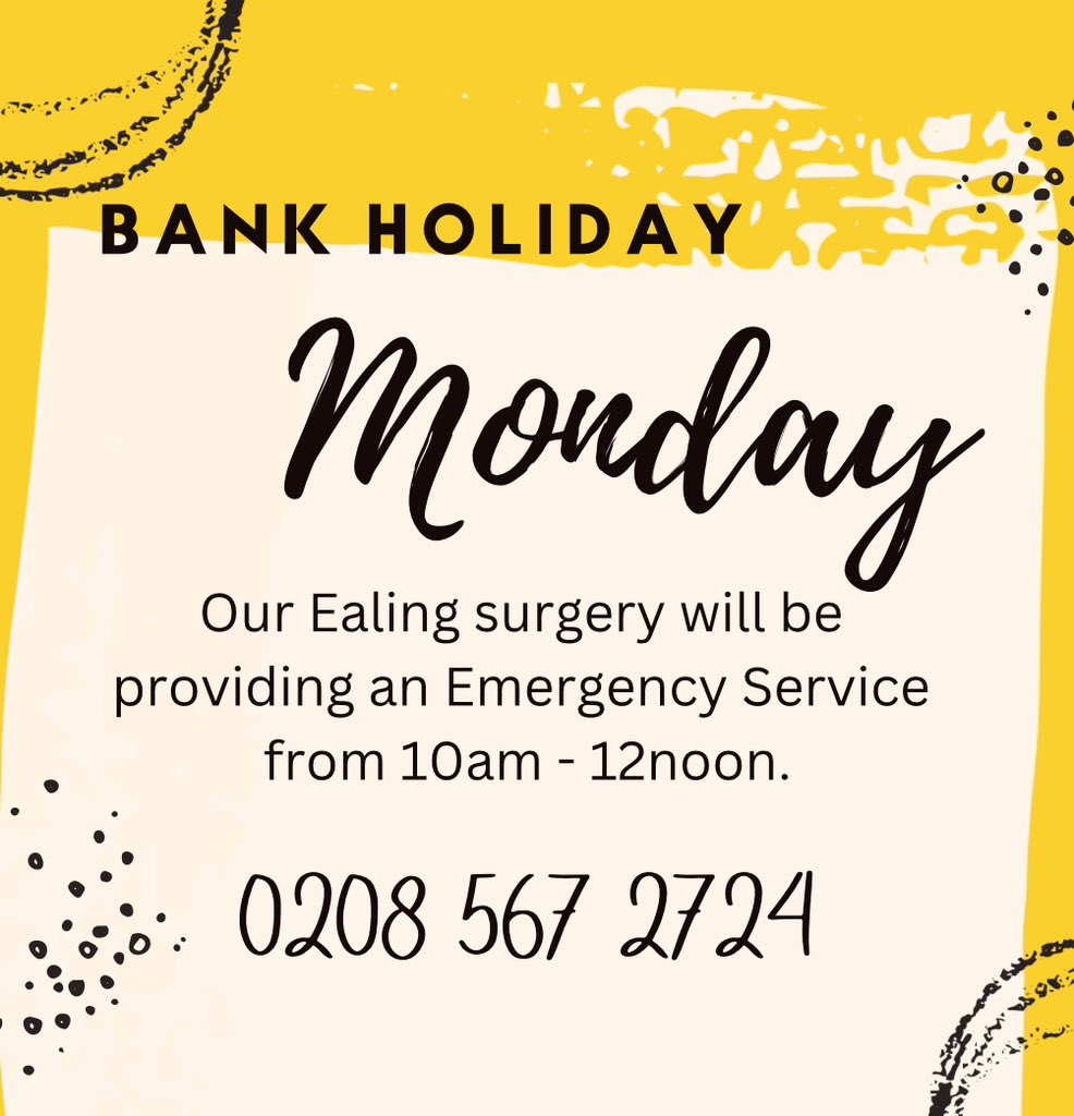 #BankHolidayMonday our #Ealing team will be providing an emergency service from 10am - 12noon. 

#petemergency #independentveterinarypractice 
#vet #veterinary #pethealth