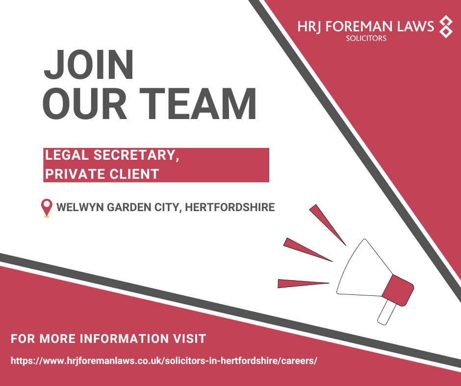 Are you a #legalsecretary seeking a new challenge? We'd love to hear from you.💌To learn more about the position in our #Wills #Trusts & #Probate team and how to apply visit: hrjforemanlaws.co.uk/solicitors-in-…

#legaljobs #legalsecretaryjobs #hertfordshirejobs #welwyngardencityjobs