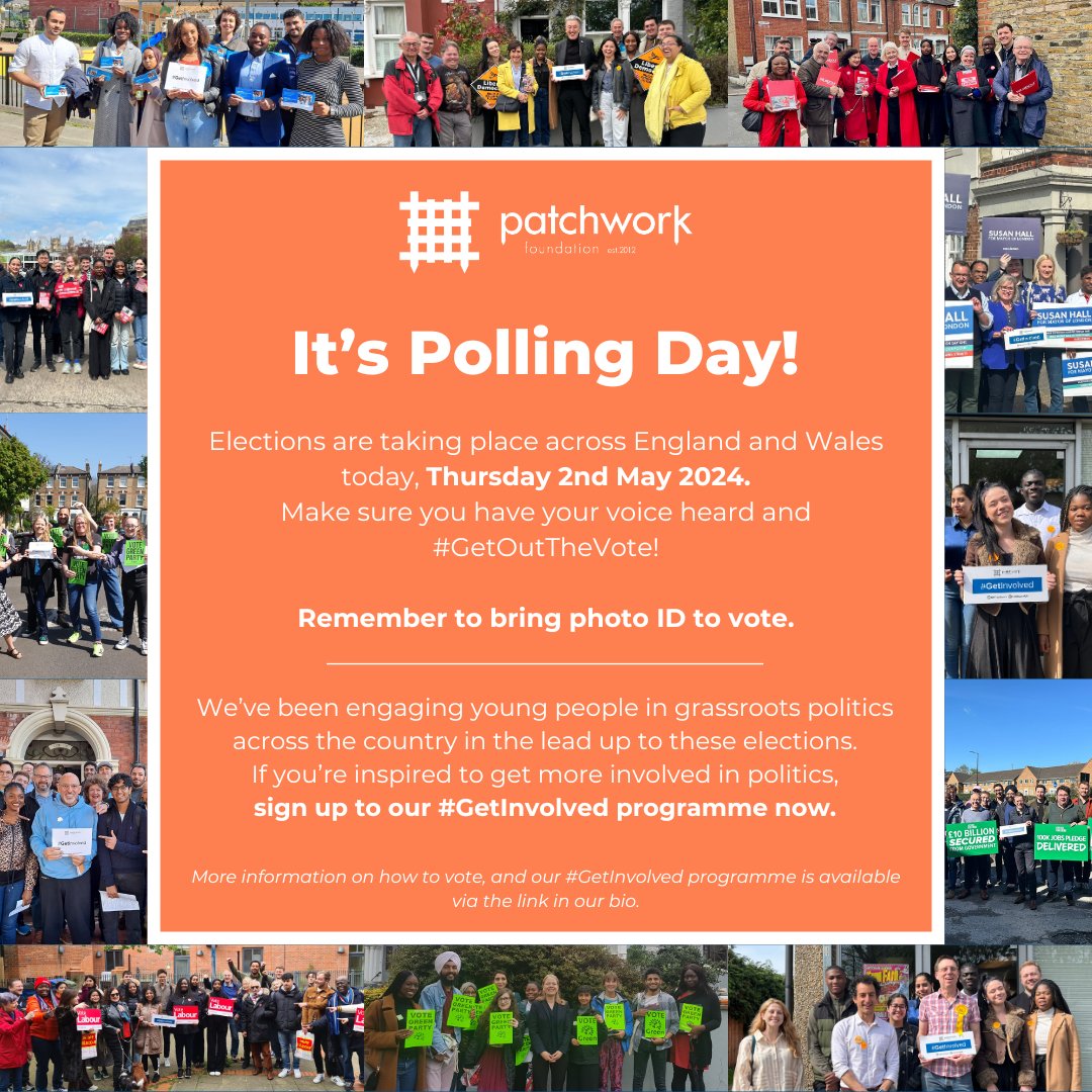 IT'S POLLING DAY 🗳️ Elections are taking place across England and Wales, with polling stations open until 10pm ⏰ Make sure you have your voice heard by voting today! Remember to bring Photo ID 🚨 Find more information here linktr.ee/PatchworkUK ⠀ #GetInvolved #GOTV