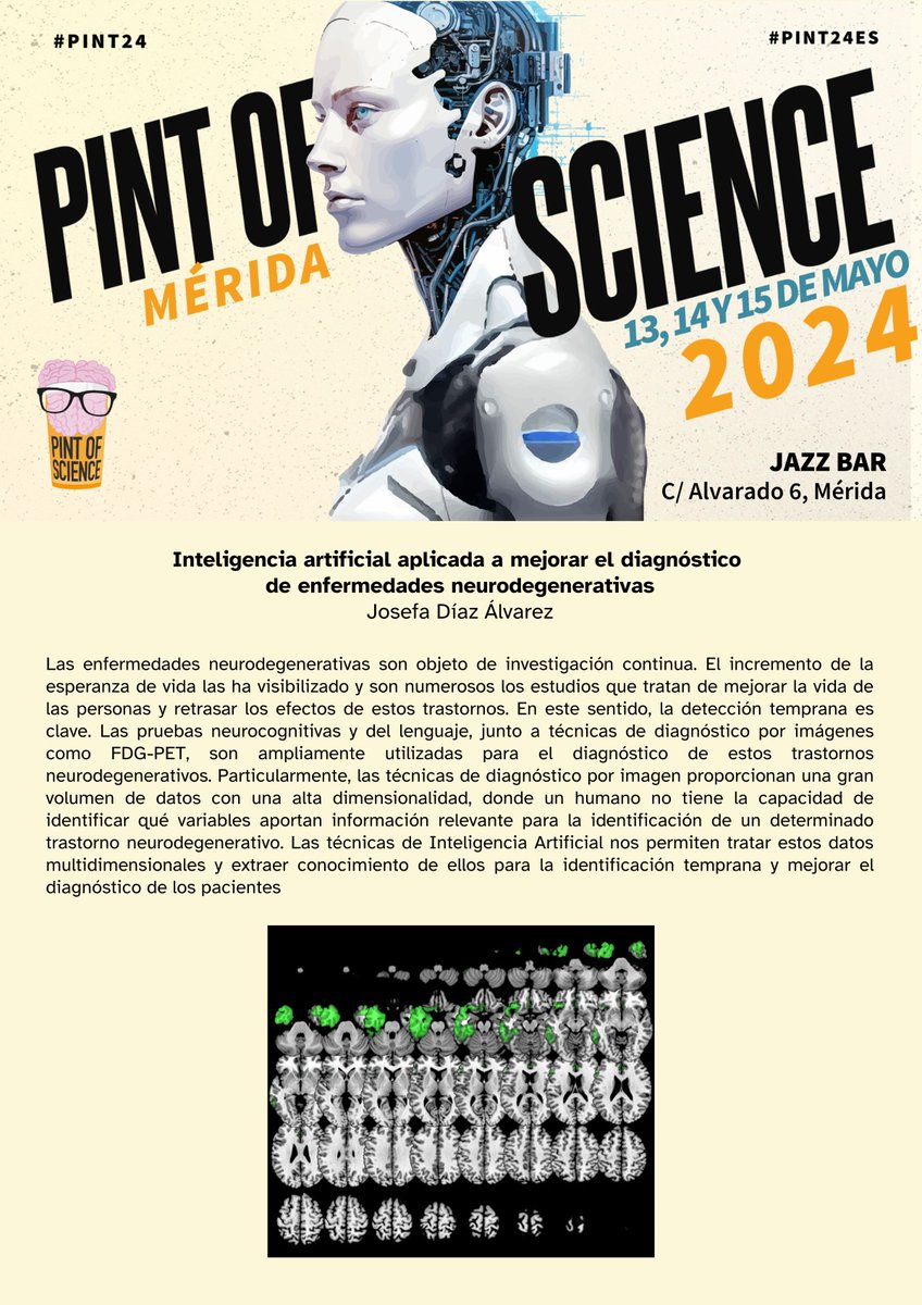 Vamos a ir trayendo a las redes sociales los resúmenes de las diferentes ponencias que se impartirán los días 13, 14 y 15. Hoy es el turno de Josefa Díaz y el uso de IA en la detección temprana de enfermedades neurodegenerativas #Pint24ES #pint24mer #pint24
