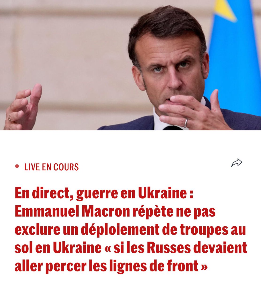 Emmanuel Macron, dans The Economist, persiste et signe dans sa folie : il veut envoyer nos enfants mourir en Ukraine pour un conflit qui n’est pas le nôtre et qui surtout pourrait s’arrêter du jour au lendemain si les dirigeants occidentaux le décidaient. Retrouvez mon plan de
