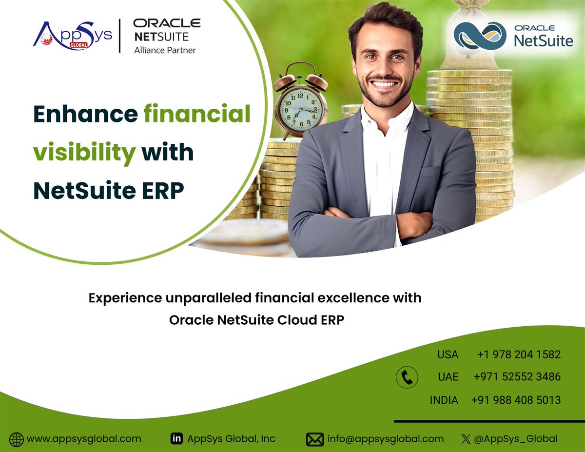 Transform your financial processes and take your business to new heights with AppSys Global's Oracle NetSuite Cloud ERP Solutions.

#NetSuiteERP #FinancialTransparency #appsysglobal #financialexcellence #clouderp 
appysglobal.com | info@appsysglobal.com
