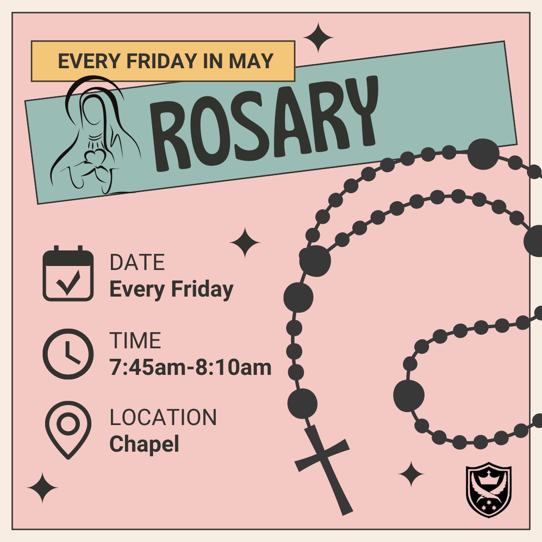 All pupils and staff are welcome to join us in the chapel at 7:45am each Friday during May to pray the rosary! This is a beautiful meditative prayer of the church and a great way to start the day with Mary by outside. See you tomorrow!! #hailmary #rosary #may 🩵