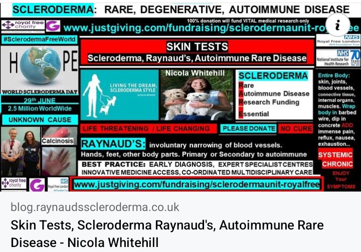 Skin Tests
blog.raynaudsscleroderma.co.uk/2017/04/skin-t…
Read more: royalfreecharity.org/news/fundraisi…
#SclerodermaFreeWorld #RaynaudsFreeWorld 
#Research #Scleroderma #SystemicSclerosis #Raynauds #Autoimmune #RareDisease #NoCure #UnknownCause #LifeChanging #ConnectiveTissue #DreamSnatcher #Disability #ThickSkin