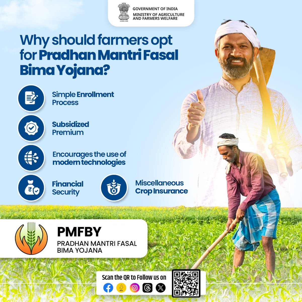 Pradhan Mantri Fasal Bima Yojana provides affordable crop insurance to farmers. All farmers may opt for the scheme & avail the benefits. For more scheme-related information visit pmfby.gov.in #agrigoi #PMFBY #CropInsurance #PMFBY4Farmers #EmpoweringFarmers