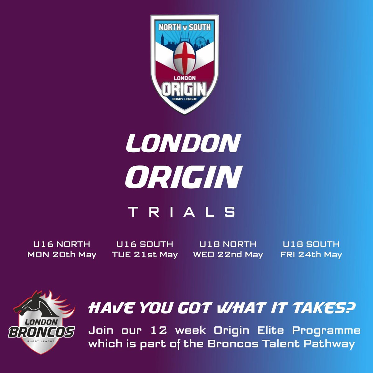 🗣️| 𝐎𝐑𝐈𝐆𝐈𝐍 𝐄𝐋𝐈𝐓𝐄 𝐏𝐑𝐎𝐆𝐑𝐀𝐌𝐌𝐄!!

London Broncos are pleased to announce the launch of our Origin Elite Programme.

We are holding trials for both North and South Squads at both U16 & U18 Age Groups. 

Full information👇

🔗 londonbroncosrl.com/london-broncos…

#WeAreLondon🏉