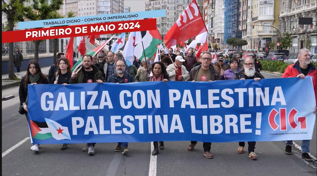 A CIG foi a única central que convocou un #1deMaio explicitamente antiimperialista e pro-palestino. Non entendín moi ben o das comitivas ao paso das manifas, como se a causa palestina fose allea, e houbese que convencer ou demostrar algo ás bases do nacionalismo sindical.