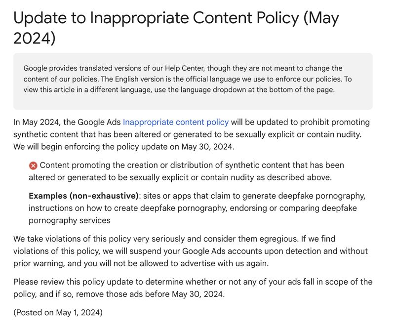 In May 2024, the Google Ads Inappropriate content policy will be updated to prohibit promoting synthetic content that has been altered or generated to be sexually explicit or contain nudity. Google will begin enforcing the policy update on May 30, 2024.

#PPC #SEA #Ads #GoogleAds