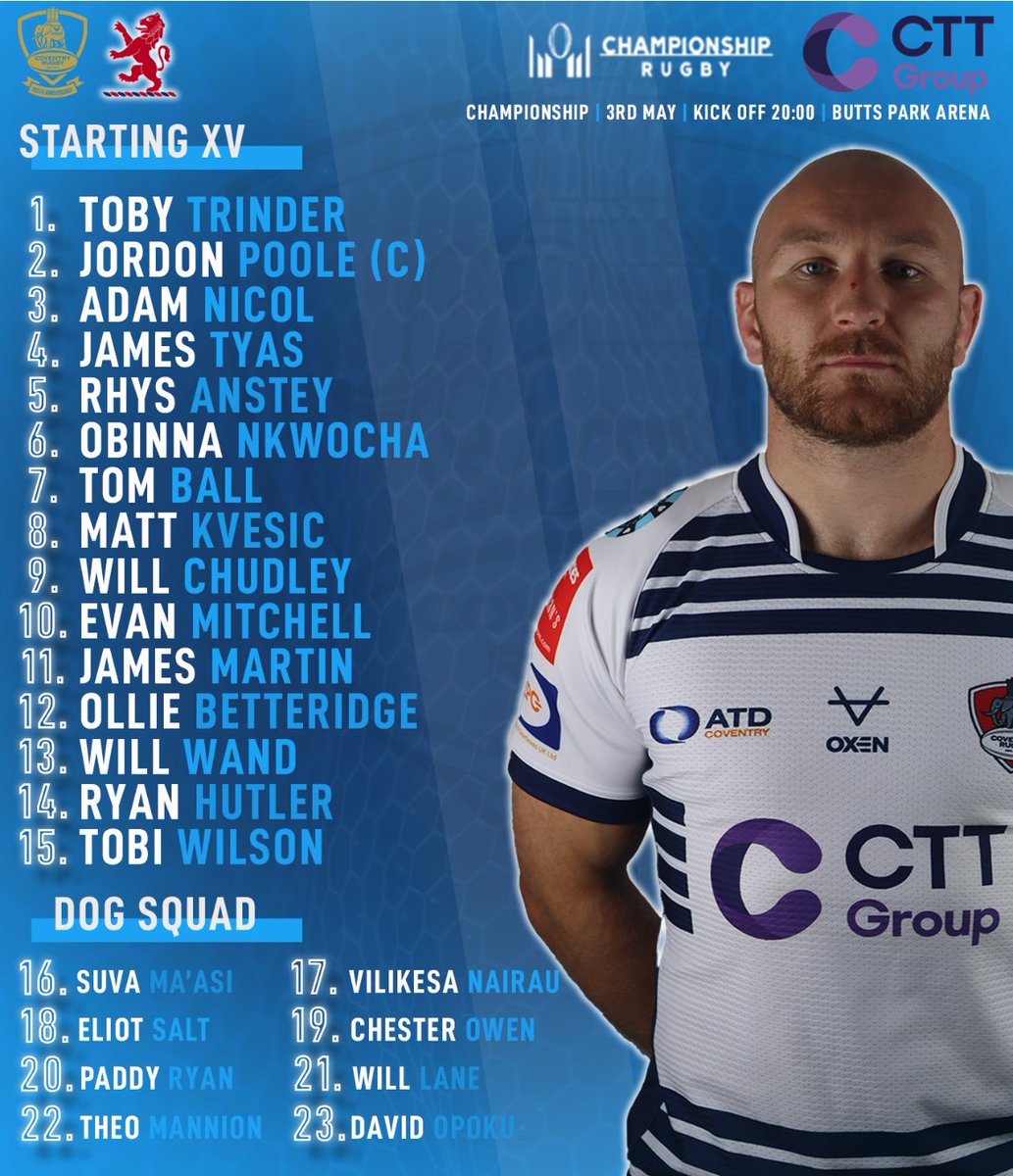 𝐅𝐑𝐈𝐃𝐀𝐘 𝐍𝐈𝐆𝐇𝐓 𝐈𝐒 𝐁𝐀𝐂𝐊 🤩 Your Cov Dogs to take on London Scottish tomorrow night at home!🏡 🎟️ bit.ly/3ApU8XM 🗞️ Full team news 👉 t.ly/DtK85 #ComeOnCov 🔵⚪️