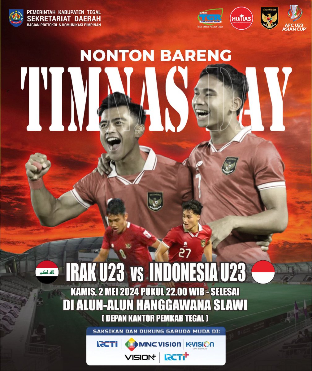 #JakwirHumas, ayoo dukung laga Timnas U23 kebanggaan kita melawan Irak U23. Malam ini juga merapat #nobar di Alun-alun Hanggawana Slawi. Kita kobarkan semangat merah putih 🇮🇩🇮🇩 🔥