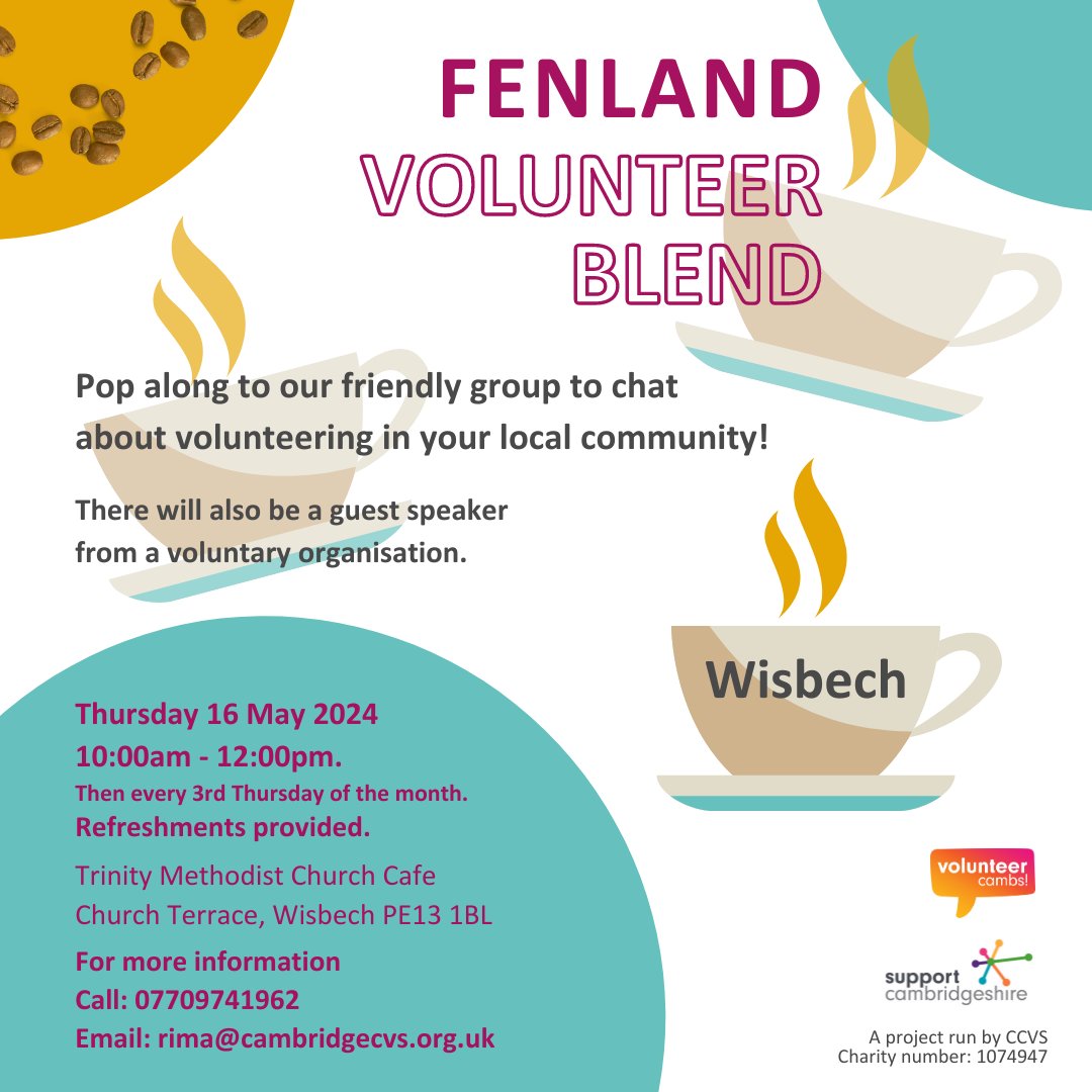 Join Sarah & Rima for our friendly coffee morning: Fenland Volunteer Blend! Thurs 16 May 10:00 - 12:00 Find out more about volunteering in your area and hear from our guest organisation: @camsight Trinity Methodist Church, Wisbech, PE13 1BL @SupportCambs