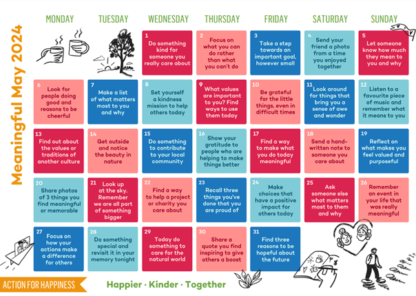 This month’s @actionhappiness calendar has been shared. Welcome to ‘Meaningful May’. Today’s tip: ‘Focus on what you CAN do rather than what you can’t do’ Here’s to a good month! @LivHospitals @LuhftWellbeing #Meaningful #Happier #Kinder #Together #BeActive #TeamLUHFT