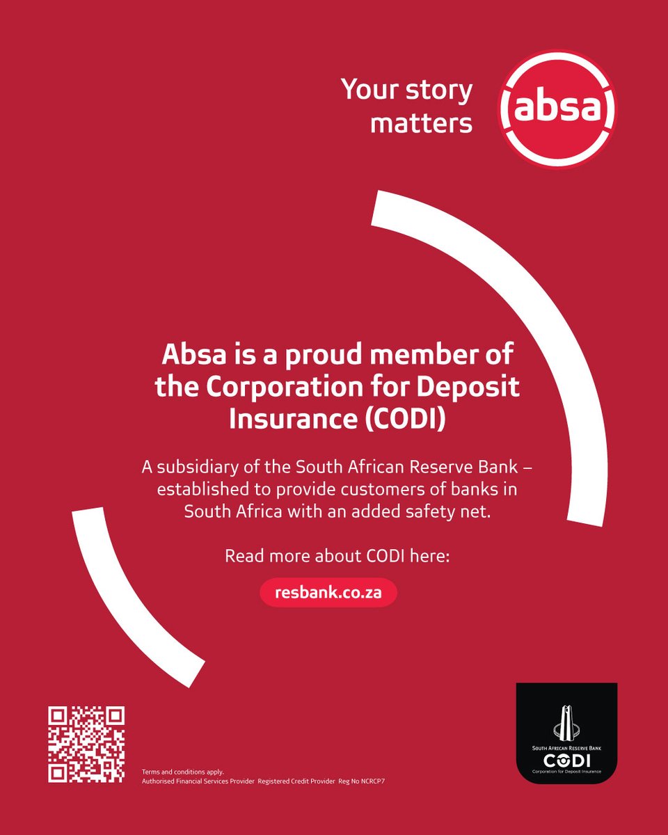 Absa is a proud member of the Corporation for Deposit Insurance (CODI) – a subsidiary of the South African Reserve Bank – established to provide customers of banks in South Africa with an added safety net. Read more about CODI here: bit.ly/3QqNlpQ #CODI