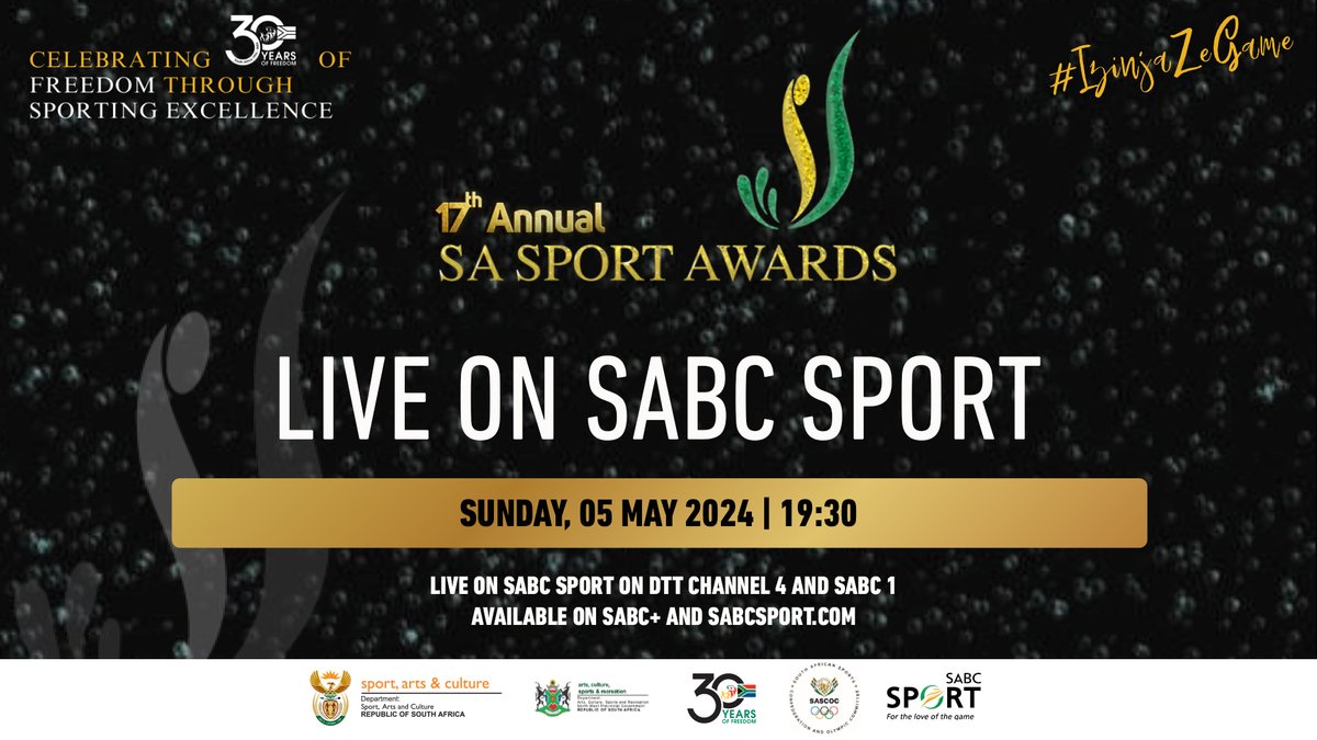 🥇SA SPORT AWARDS🥇 Be part of the 17th annual SA Sport Awards! Don't miss out on celebrating our amazing athletes. 🚨Live 📅Sun, 05 May ⏲️19:30 📺SABC Sport & SABC 1 📱SABC+ 🌐sabcsport.com #SASportAward