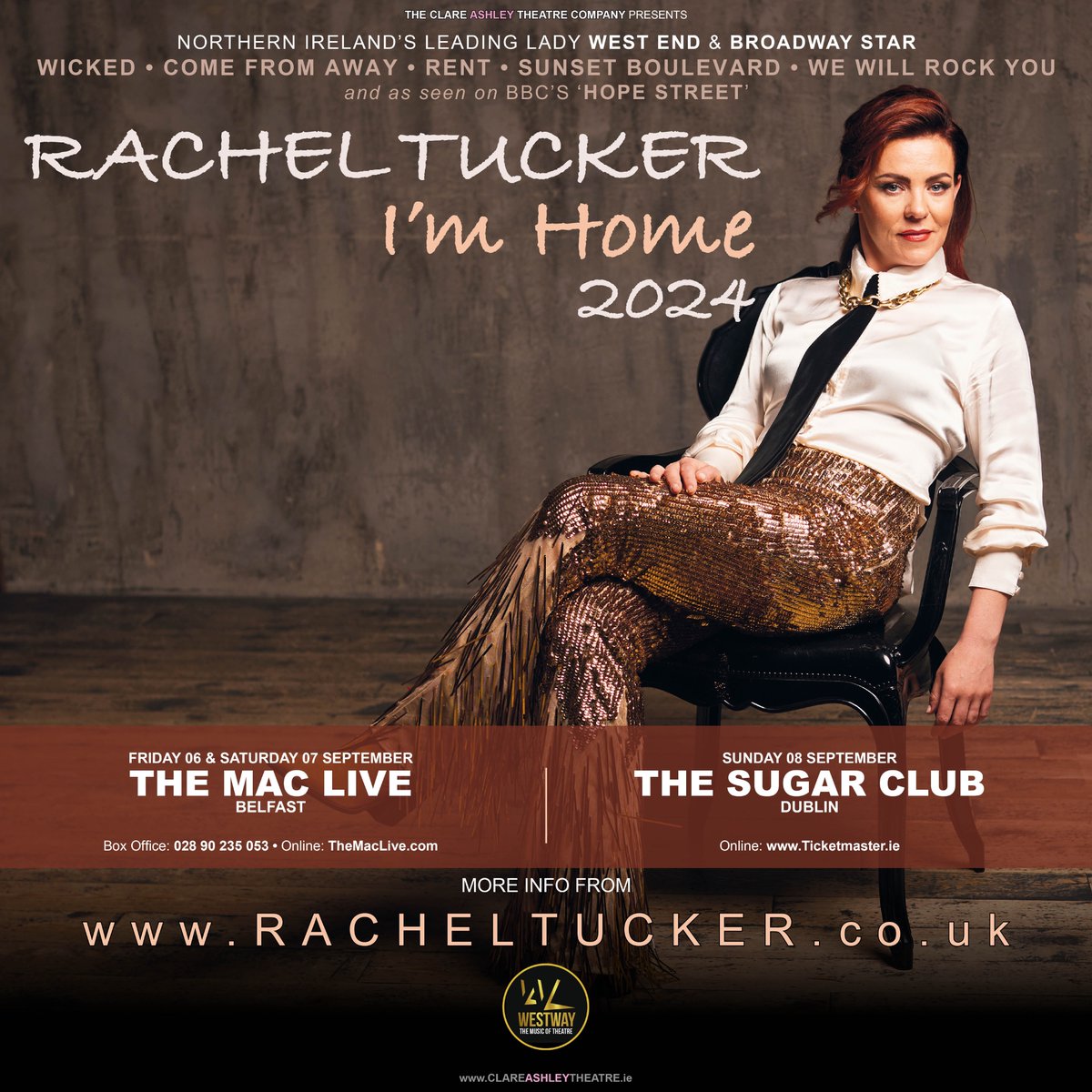 𝗢𝗡 𝗦𝗔𝗟𝗘 𝗡𝗢𝗪: Olivia Nominated Belfast born @racheltucker1 brings 'I'm Home' tour to @TheMACBelfast & @sugarclubdublin this Sept! Visit ClareAshleyTheatre.ie for tickets. #RachelTucker #Wicked #WestEnd #Broadway #MusicalTheatre #elphaba