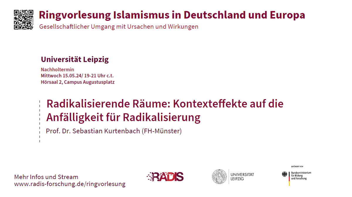 📢Nachholtermin der #RADIS-Ringvorlesung mit Prof. Sebastian Kurtenbach @skurtenbach aus dem Projekt @RRaeume @fh_muenster zum Thema radikalisierende Räume. 🗓️15.5. @UniLeipzig /Livestream @PRIF_org @VPNderad @IKG_BIE 🖥️Infos/Livestream: radis-forschung.de/ringvorlesung ⬇️