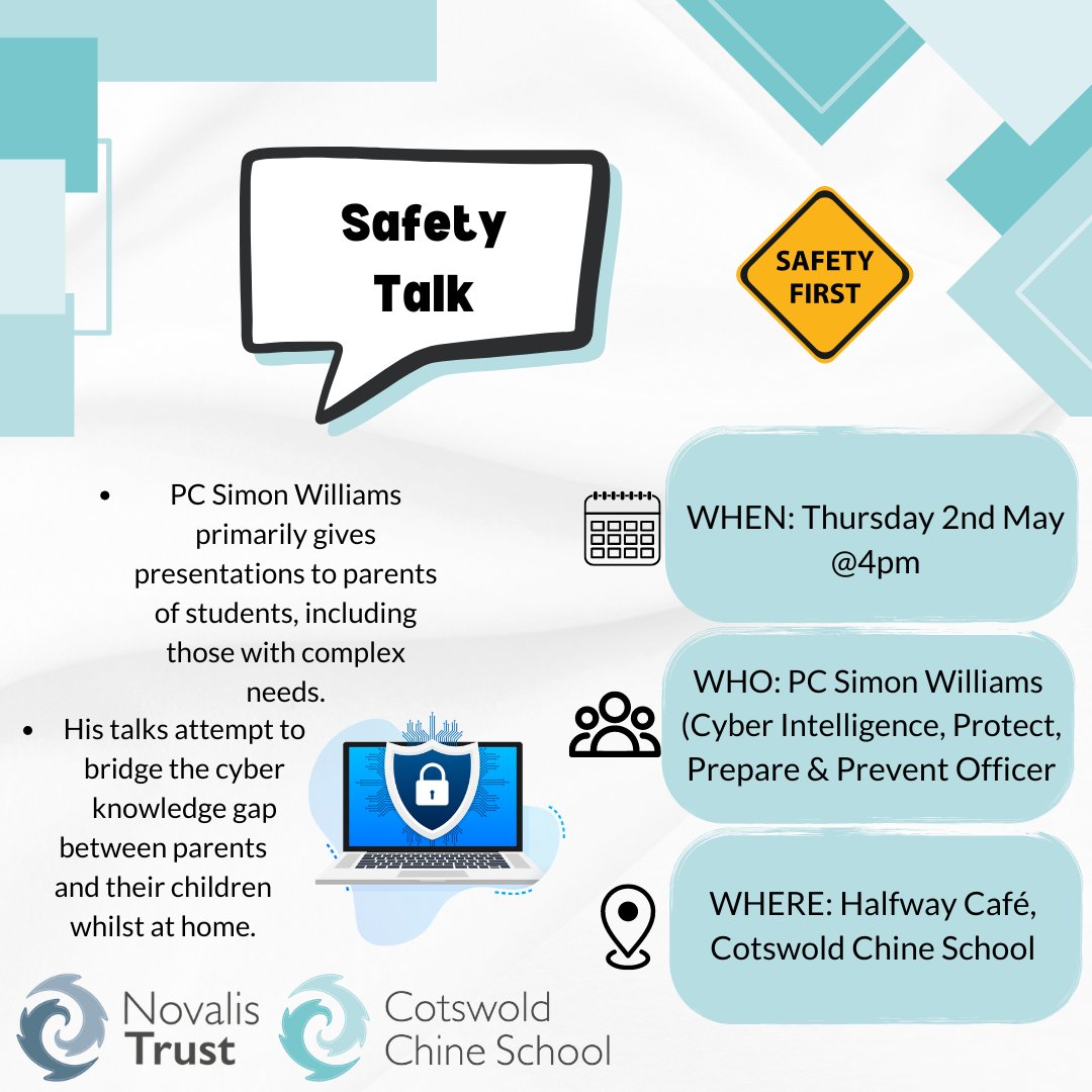 We are hosting a talk today for parents & carers of Cotswold Chine School students. Please join us at 4pm where PC Simon Williams will attempt to bridge the cyber knowledge gap between parents and children whilst at home.