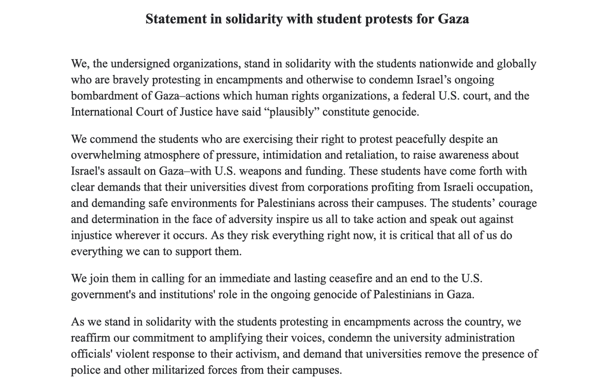 Alongside 200+ organizations, we stand in solidarity with the student encampents for Gaza and condemn the ongoing repression they face ✊ 'Their courage and determination in the face of adversity inspire us all to take action and speak out against injustice wherever it occurs.'