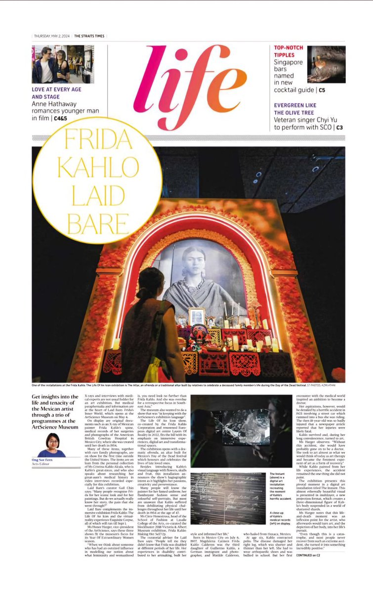 Avui hem estat notícia de portada i obertura de la secció cultural del @straits_times, el principal diari de Singapur. L'exposició de @LayersReality inaugurada a @idealbarcelona, FRIDA KAHLO, THE LIFE OF AN ICON, obre avui les portes a l'@ArtSciMuseum. 🤩🌏