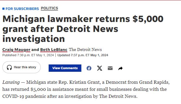 In the past 24 hours, @detroitnews reporting has caused one state lawmaker to return a $5,000 grant (tinyurl.com/KristianGrant) and the Senate Appropriations Committee defund the remaining funds of a $20 million legislative grant (tinyurl.com/BeydounGrant).