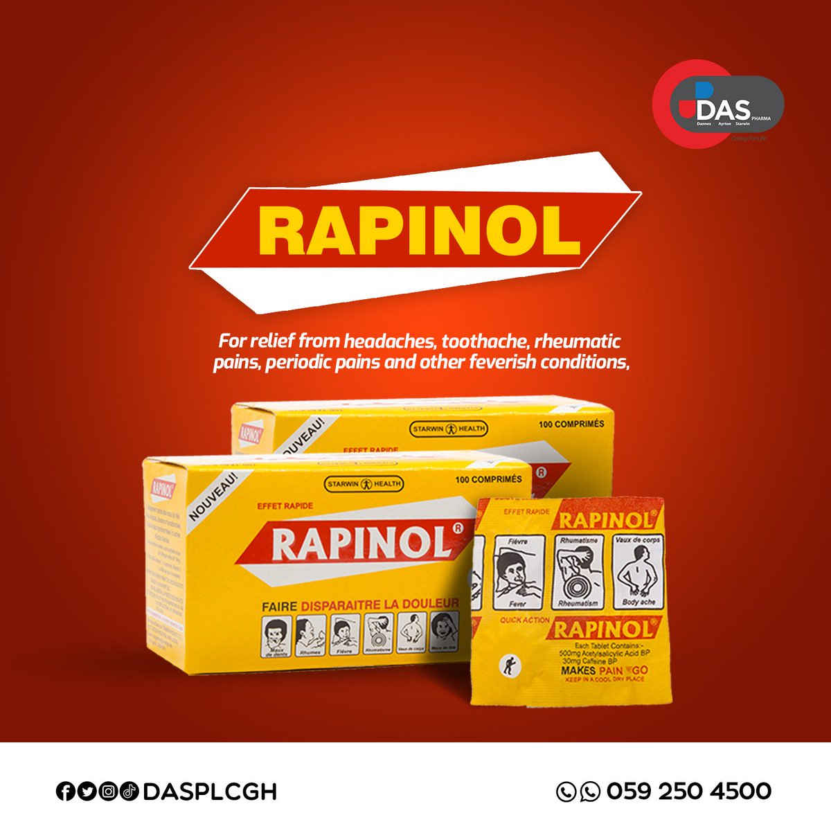 Rapinol provides relief from headaches, toothaches, rheumatic pains, periodic pains and other feverish conditions. Available in pharmacies and over the counter medicine sellers in Ghana.
#DannexAyrtonStarwinPLC
#CaringForLife