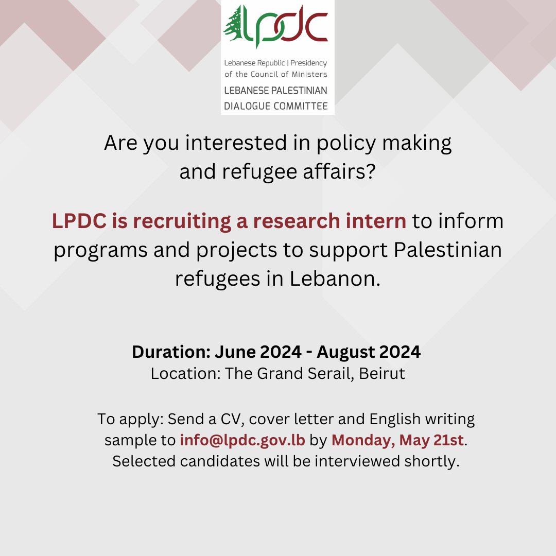 LPDC is recruiting a research intern to assist in writing research papers, project proposals &amp; conducting fieldwork. To apply, send a CV, cover letter, &amp; English writing sample to info@lpdc.gov.lb by Monday, May 21st. linkedin.com/posts/lebanese…