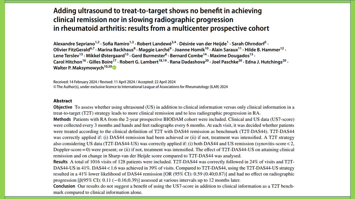 🔍Surprising findings in #RA management from a new multicenter study: Adding ultrasound US-7 Score data to a T2T strategy, alongside clinical info, 📌did not improve the likelihood of clinical remission 📌no extra protection against radiographic progression