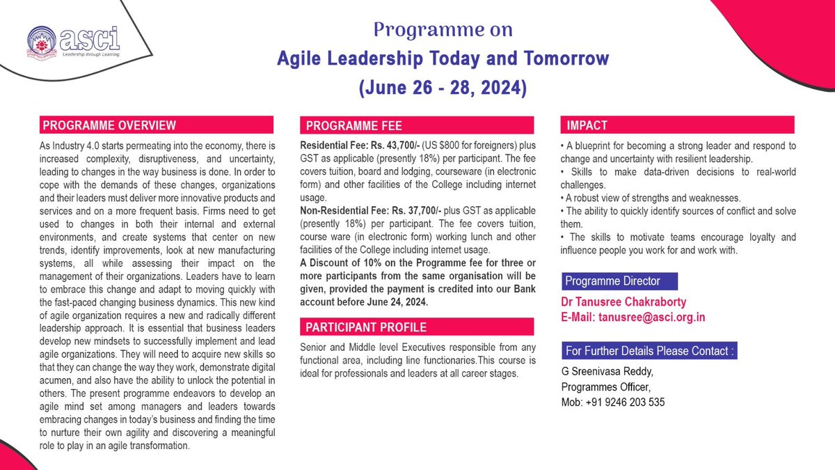 Join the Administrative Staff College of India for an immersive program on Agile Leadership, designed to equip you with the skills to navigate today's rapidly changing business landscape. Discover how to lead with flexibility, adaptability, and innovation to drive success.