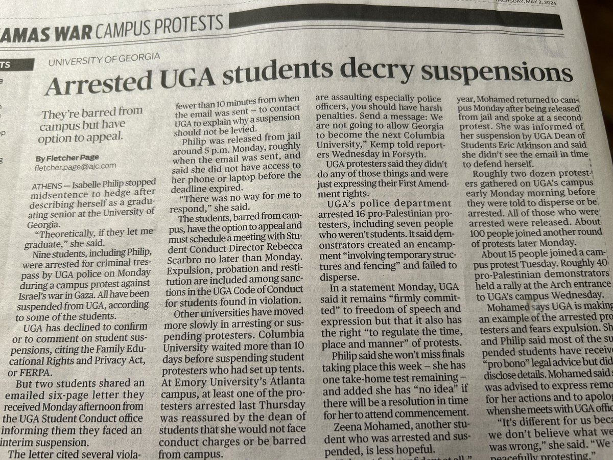 If you want “consequences” for protestors who disrupt campuses, refuse to disperse, attack cops, etc., suspension is the way to get their attention. Solicitors in these counties will probably drop crim charges. Stark comparison btw the Emory & UGA responses.