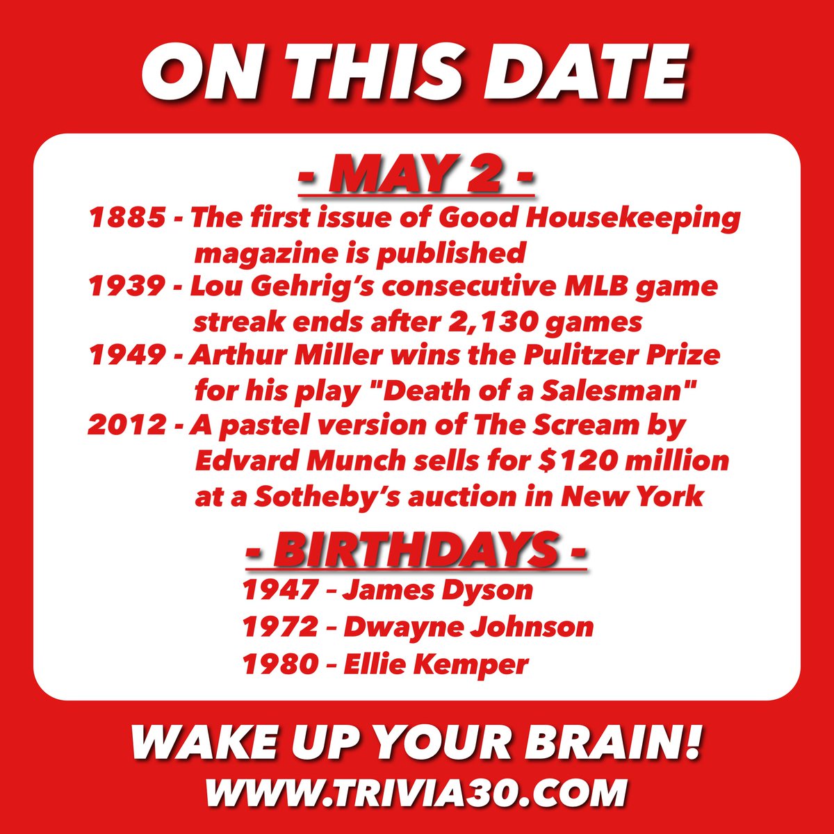 Your OTD trivia for 5/2... Join us for trivia at O'Brien's Irish Pub or Mocama Wildlight, and have a great Thursday! #trivia30 #wakeupyourbrain #GoodHousekeeping #LouGehrig #MLB #Yankees #ArthurMiller #Pulitzer #TheScream #EdvardMunch #Dyson #DwayneJohnson #TheRock #EllieKemper