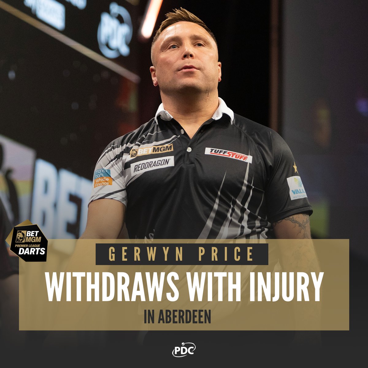 Gerwyn Price has withdrawn from tonight's @BetMGMUK Premier League action in Aberdeen with a back injury. 👉 bit.ly/Night14Price