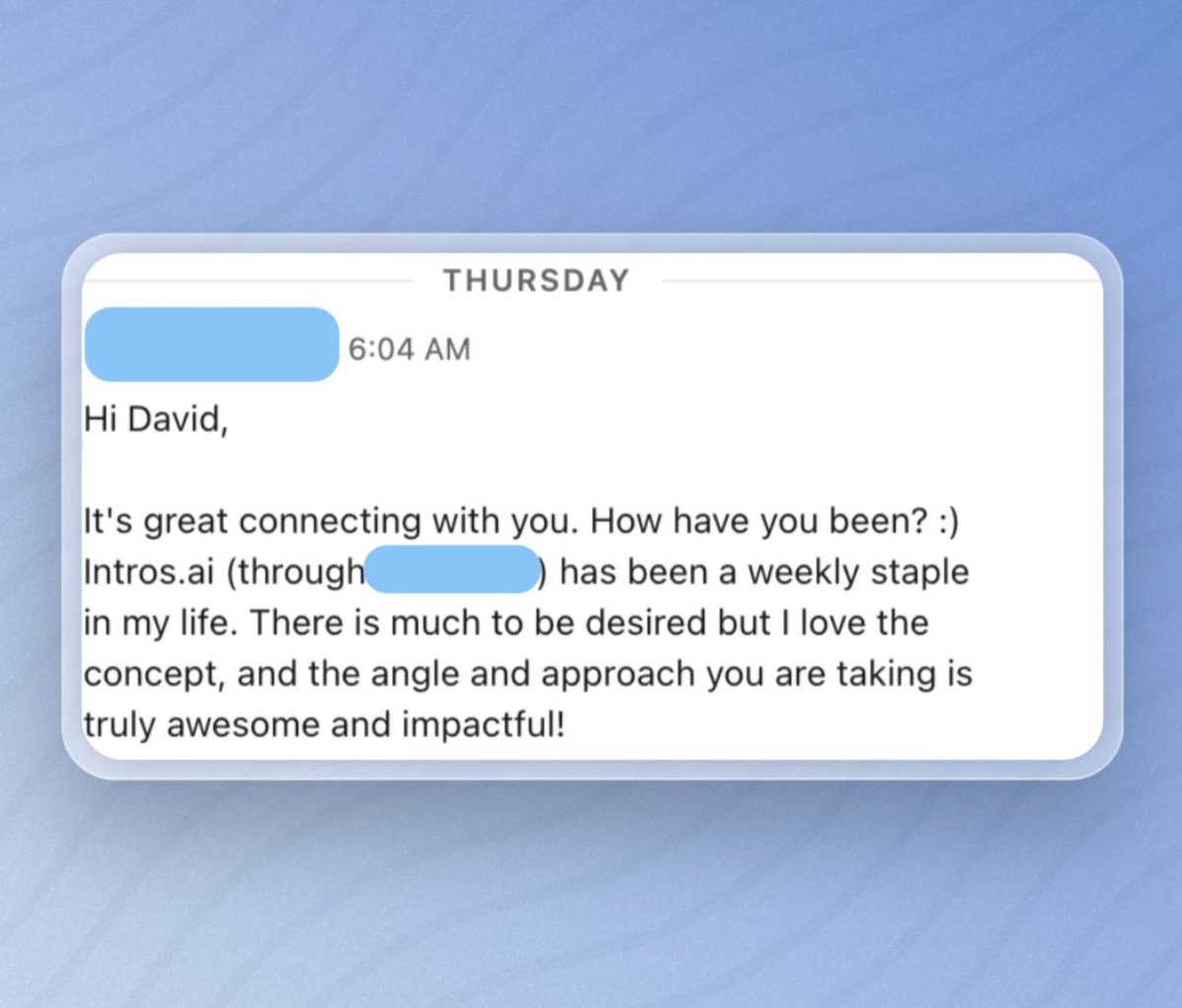 David Kobrosky (@thebrunchguy) on Twitter photo Woke up to a message from someone that uses <a href="/intros_ai/">Intros AI (Acquired by Bevy)</a> in their community!
Becoming a “staple” is the new bar Woke up to a message from someone that uses <a href="/intros_ai/">Intros AI (Acquired by Bevy)</a> in their community!
Becoming a “staple” is the new bar