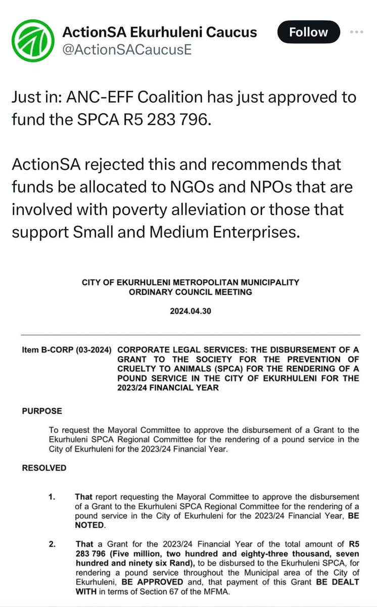 Very sad to see people campaigning for the defunding of the SPCA It is a requirement of the law for municipalities to have a small animal pound services. What better way to achieve this by partnering with an NGO that does amazing work We commit to continued support for the SPCA