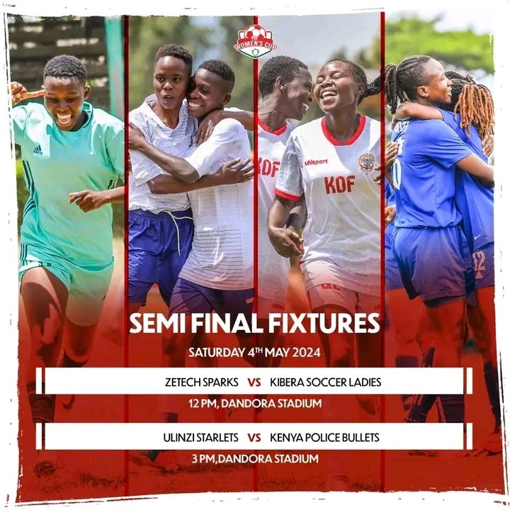 FKF Women’s Cup semi-final fixtures. 

Venue: Dandora Stadium 

Zetech Sparks vs Kibera Soccer Ladies 

Ulinzi Starlets vs Kenya Police Bullets FC  

Who will make it to the Final?
#RadullKE 
#FKFCup