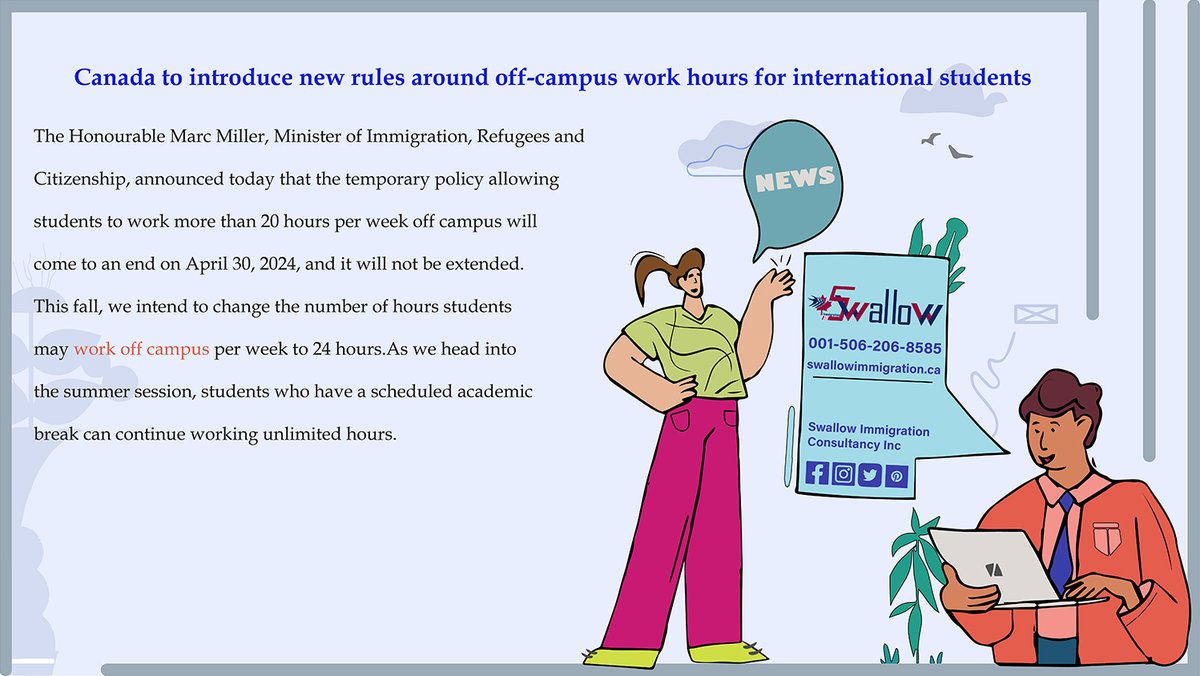 Canada to introduce new rules around off-campus work hours for international students
Read More: 
swallowimmigration.ca/en/work-hours-…
#internationalstudents #macmiller #newrules #refugeesandcitizenship #SummerSession #workoffcampus #workingunlimited #canada #canadanews #education #news