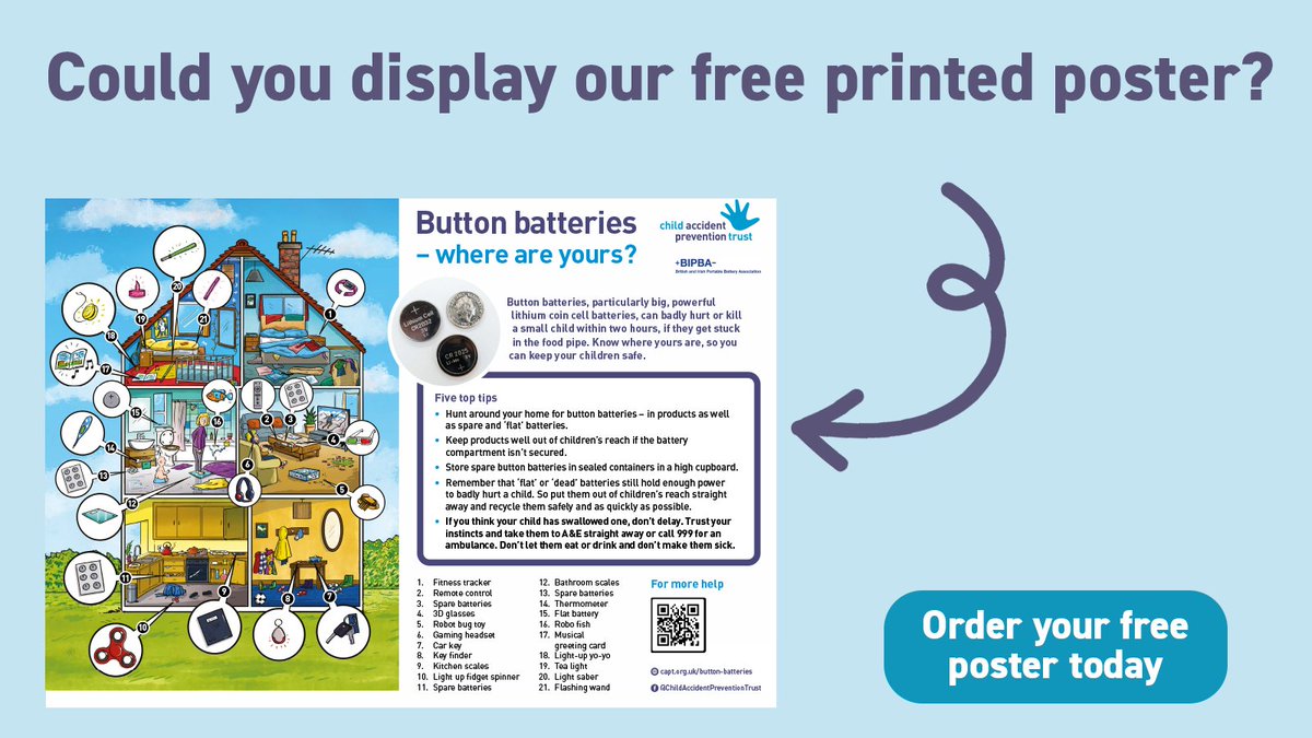 Far too many parents still don’t know about the dangers or the wide range of products powered by button batteries.

You could help change that.

Order your free printed posters before Friday 17th May to get it in time for #ChildSafetyWeek: capt.org.uk/shop/button-ba…

#BeBatteryAware