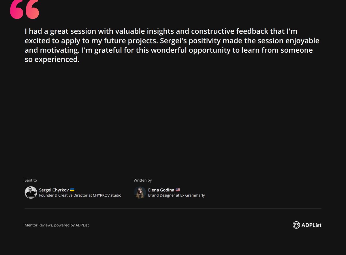 Recently gave some mentor advises to Elena about art-direction. Sign up for a FREE mentor sessions (available for limited time) at @ADPList  👉 adplist.org/mentors/sergei…