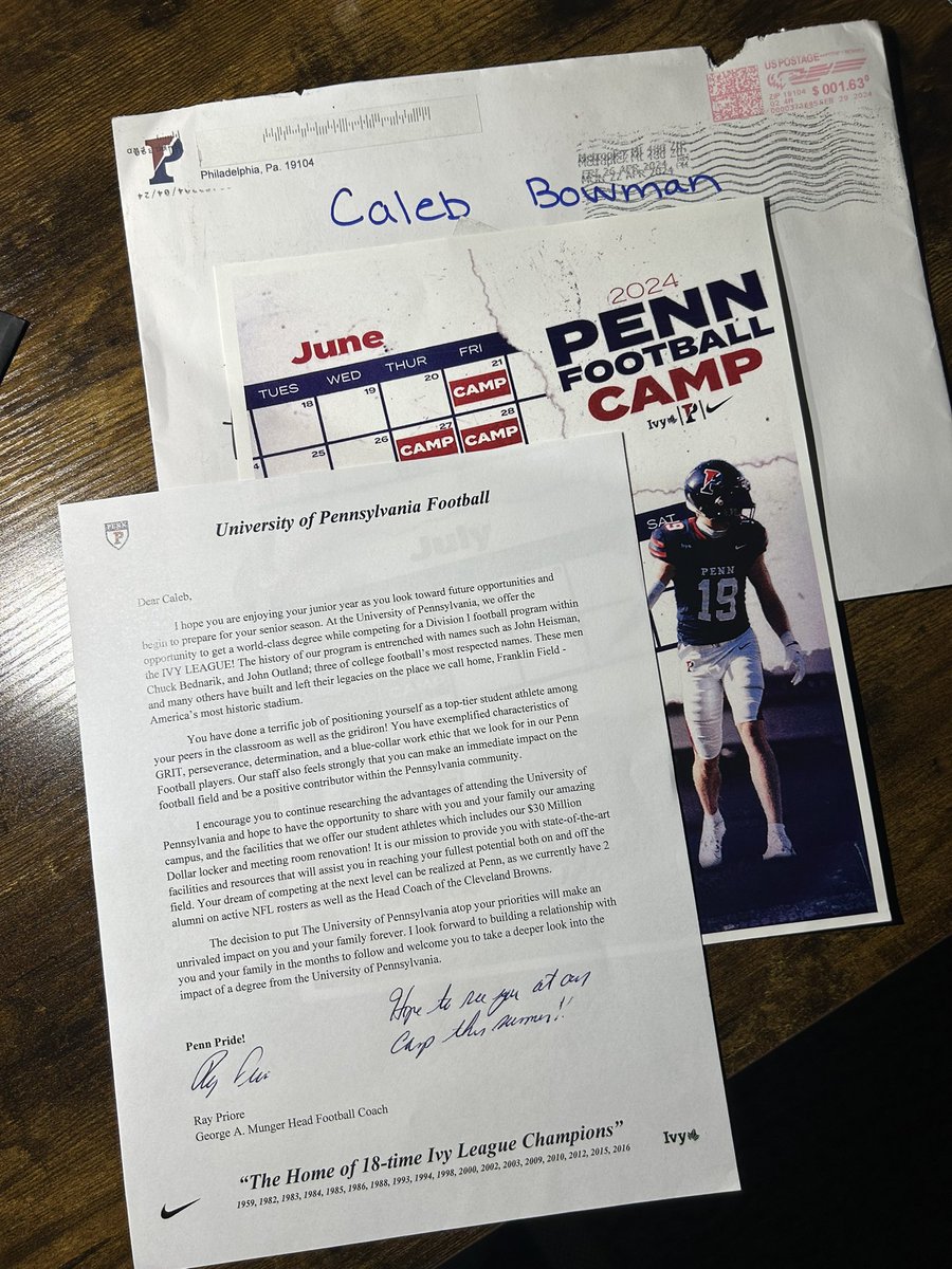Thank you @CoachPriore for the letter and an invite to your camp! Can’t wait to make it out to compete! @PennFB @CoachDupont #FightOnPenn