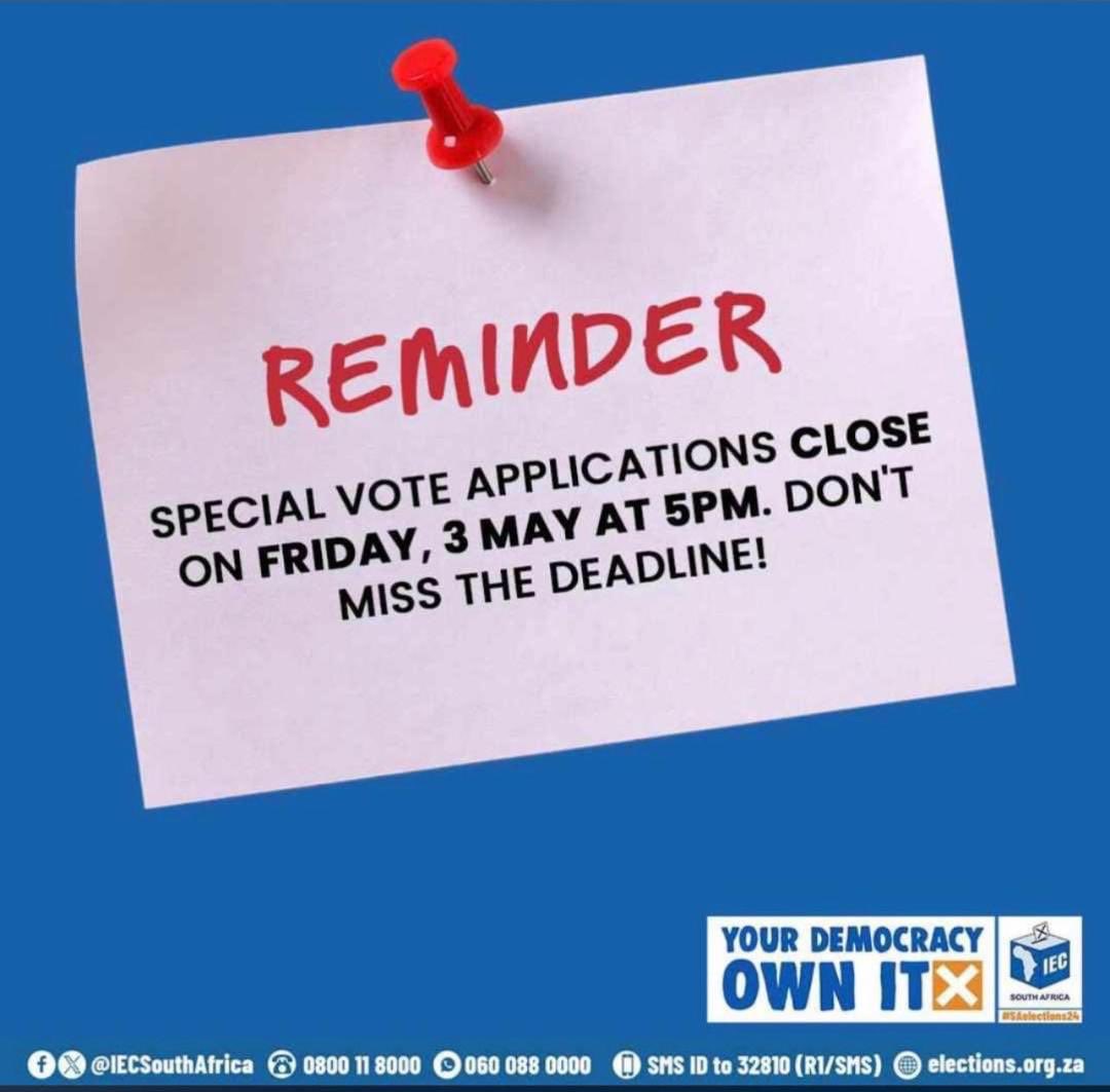 If you are feeling special, register for a special vote. CLOSING DATE is@TOMORROW, 3 May at 5pm