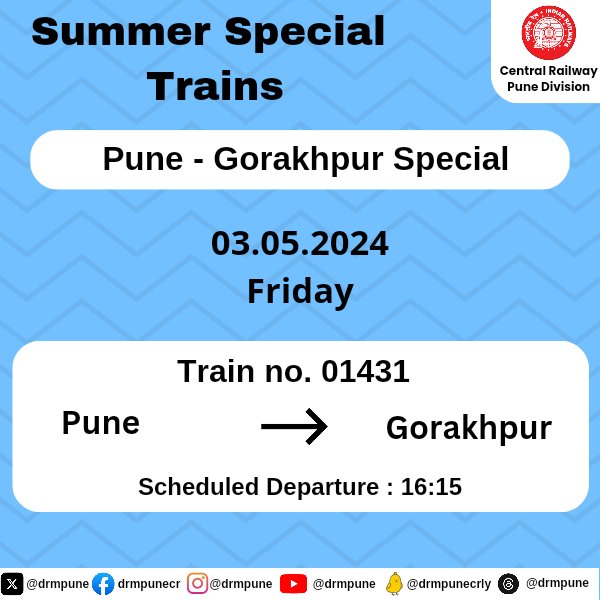 CR-Pune Division Summer Special Train from Pune to Gorakhpur on    May 03, 2024.
Plan your travel accordingly and have a smooth journey.
#SummerSpecialTrains
#CentralRailway
#PuneDivision