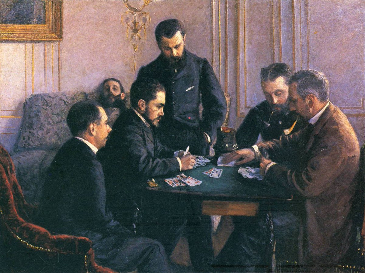 But gamblers know how a man can sit for almost twenty-four hours at cards, without looking to right, or to left.

The Gambler
Fyodor Dostoevsky

#BookologyThursday #Dostoevsky 
#FirstPersonNarrative 

art: Game of Bezique
by Gustave Caillebotte 1880