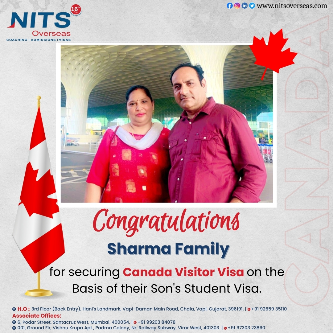 Time to pack those bags! 🧳✈️ A big congratulations to the Sharma Family as they embark on their Canadian journey. 🎉

To know more in detail, please contact us:
+91 9265935110 | +91 9920384078 | +91 9730323890

#nitsoverseas #studyabroad #education #ielts #studyincanada #study