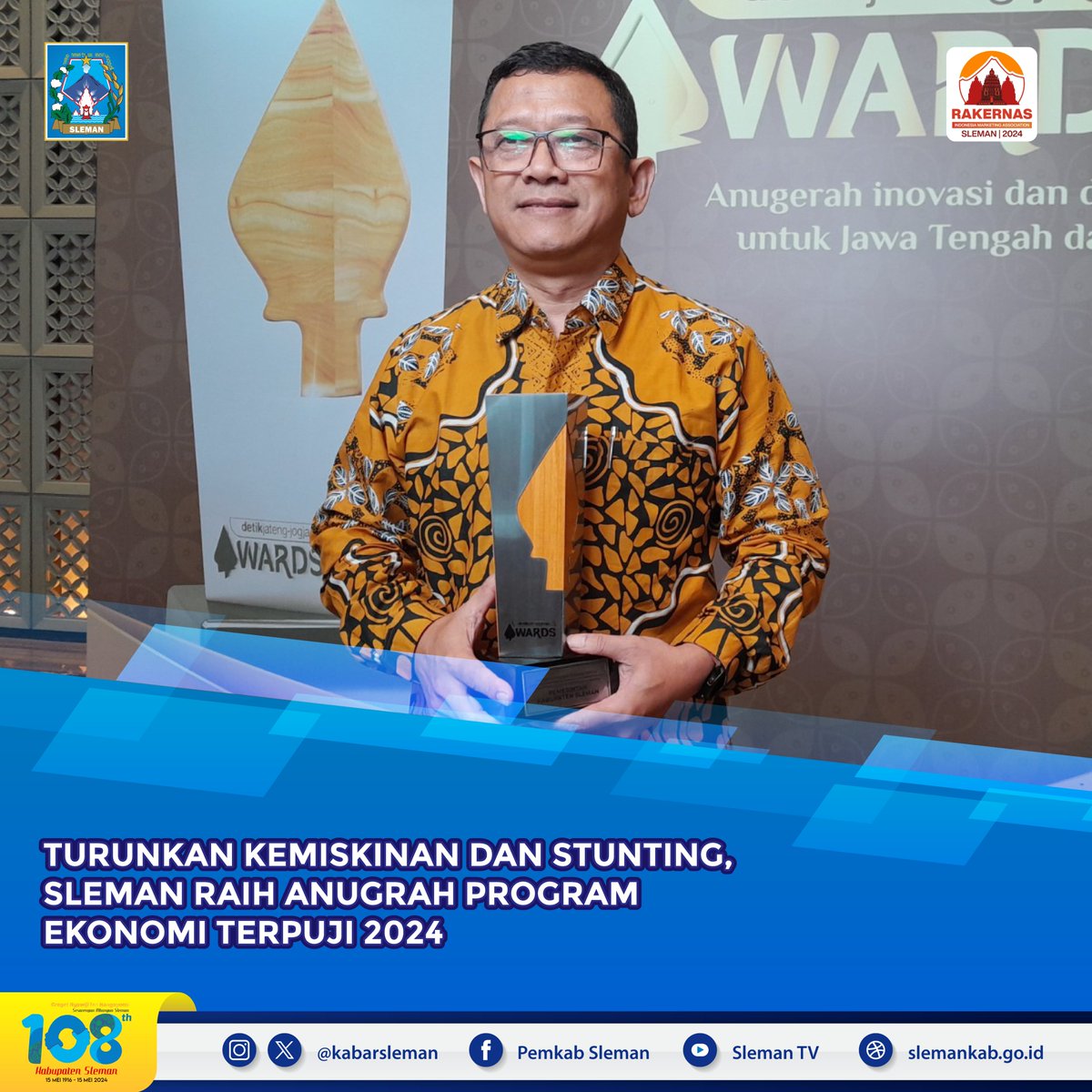 #Slemanis, Pemkab Sleman berhasil meraih anugerah Program Ekonomi Terpuji kategori Penanggulangan Kemiskinan dan Stunting, dalam ajang detikjateng-jogja Awards 2024, di Hotel Padma Semarang, Selasa (30/4/2024).