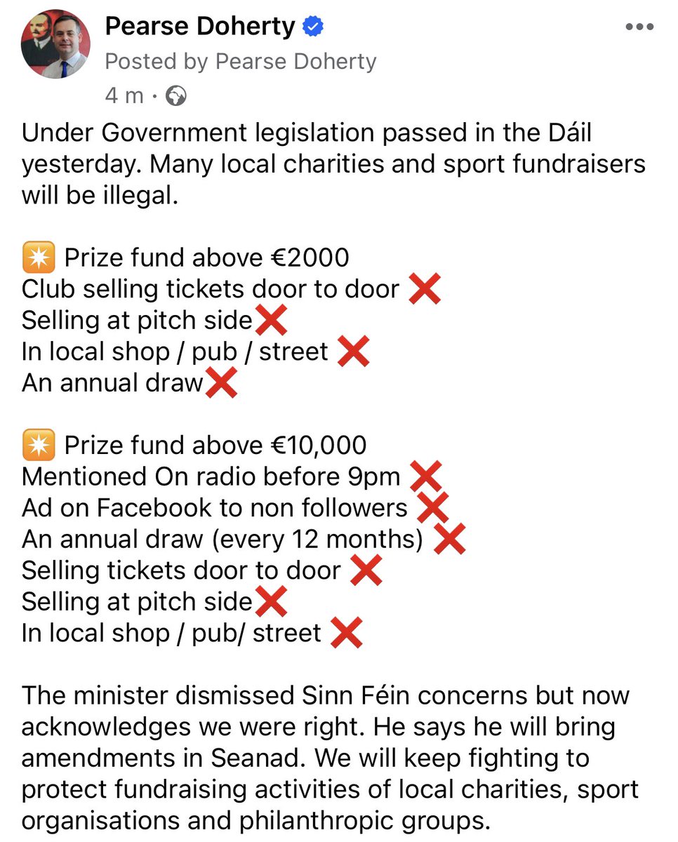 Unless this legislation is changed, this law which Fianna Fail, Fine Gael and the greens, along with independents voted through the Dáil last night will have a major impact on the fundraising activities of vital charities and organisations across the state.