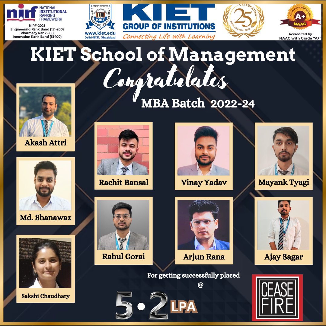 Huge Congratulations to MBA-2nd year (Batch 2022-24) students for getting successfully placed at Cease Fire.

#kiet_group_of_institutions #KIETGZB #kietengineeringcollege #KIET #AKTU #AICTE #PlacementSuccess #KSOM #ceasefire #management #admissions #CampusHiring #Recruitment