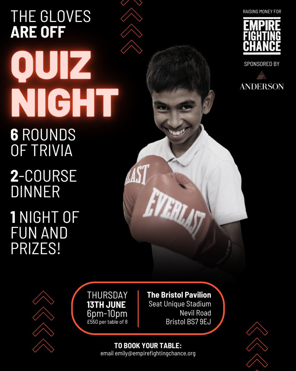 🔍 Think you've got what it takes to win the ultimate quiz night? Prove it at Empire Fighting Chance's Charity Quiz Night! 🥊 Don't miss out – secure your table now by dropping us a message or email emily@empirefightingchance.org #CharityQuizNight #EmpowerYoungPeople #Bristol