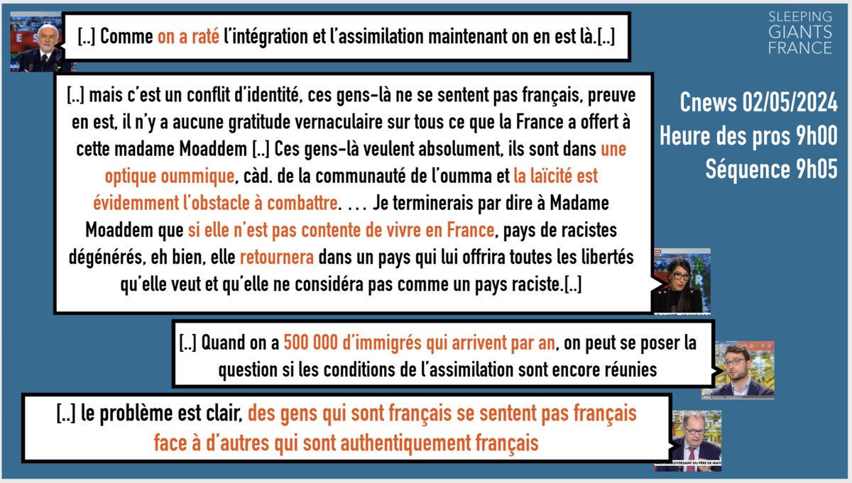 ⚠️ Signalement @Arcom_fr pour #CNews (voir image) Art 2-3-2 : Propos discriminatoires. Une personne française est considérée selon ses origines : demande de *retourner* dans un autre pays, distinction avec des personnes 'authentiquement' françaises, terme 'ces gens-là', etc.