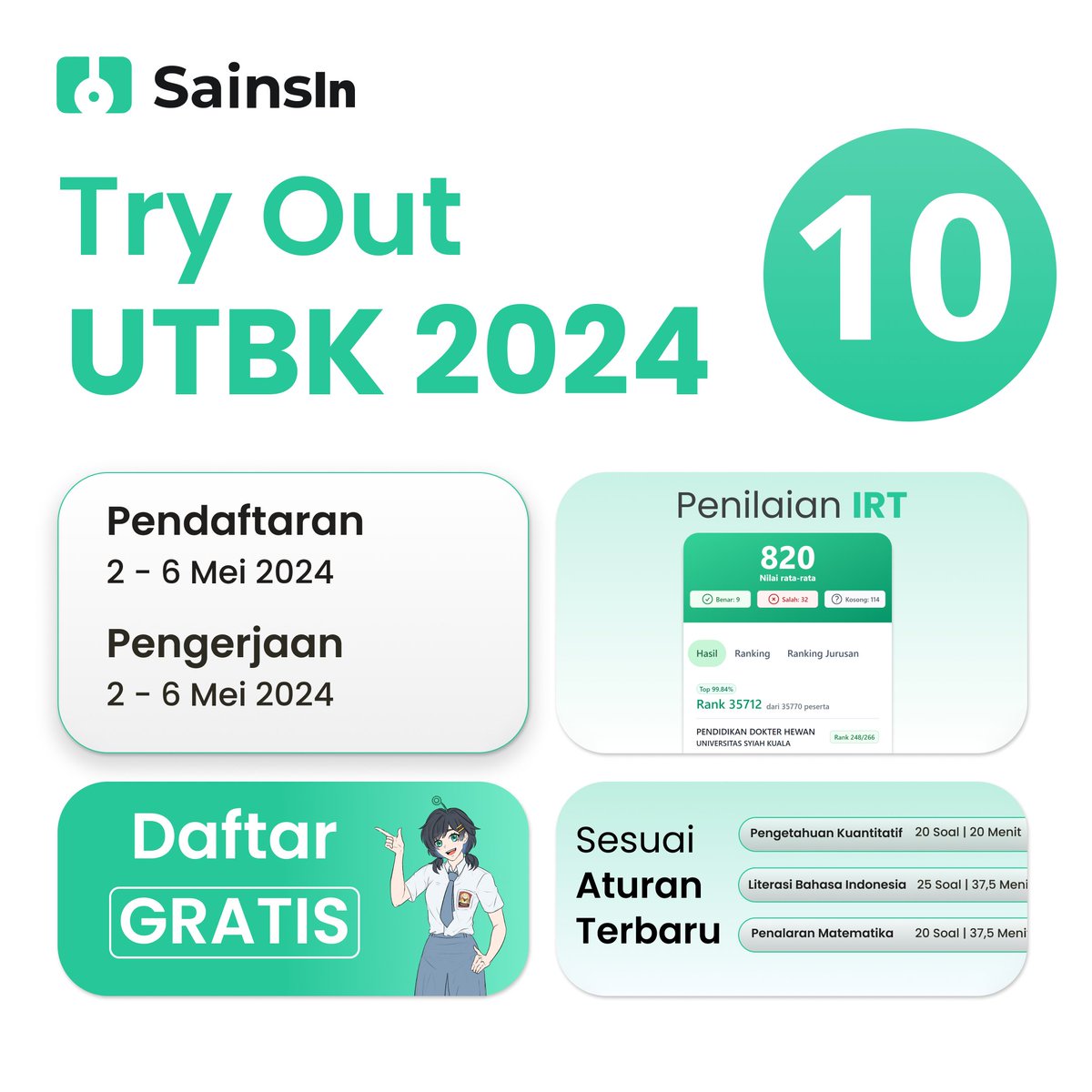 📢PENDAFTARAN TRY OUT UTBK SNBT 2024 10 DIBUKA GRATIS!🚀🚀 Udah pekan UTBK aja nih guys, yang masih ada waktu. buat belajar hayukk gas 😆 ✨ Persyaratan daftarnya juga gampang banget! 📅Pendaftaran & Pengerjaan: 2 - 6 Mei 2024 Cara pendaftaran Try Out UTBK SNBT 10 SainsIn 👇🏻…