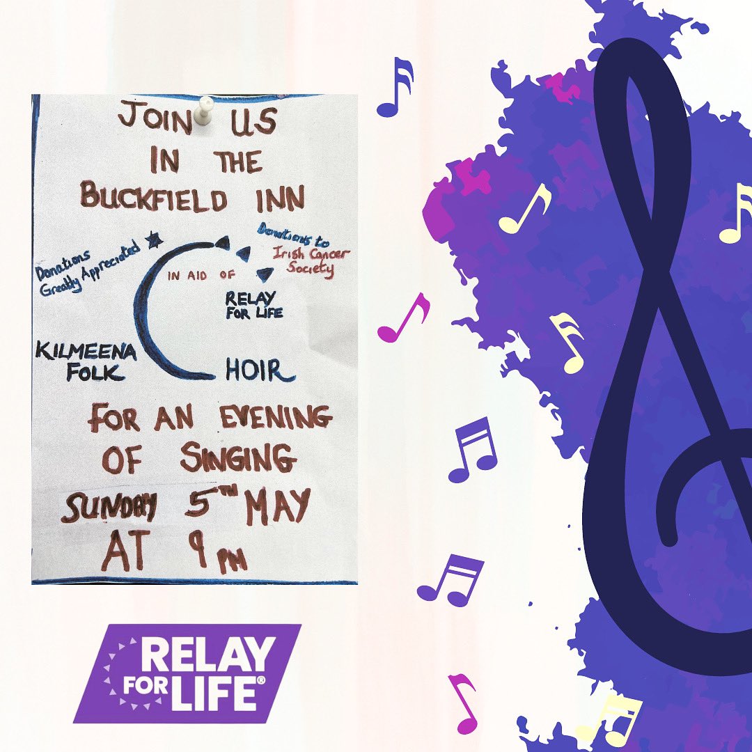 Kilmeena GAA are delighted to have teamed up with the Kilmeena, Fahy and Carrowholly parishes once again to raise vital funds for the @irishcancersociety in association with the ‘Relay for Life’ fundraiser. Join the Kilmeena Folk Choir this Sunday at 9pm in The Buckfield Inn 🎶